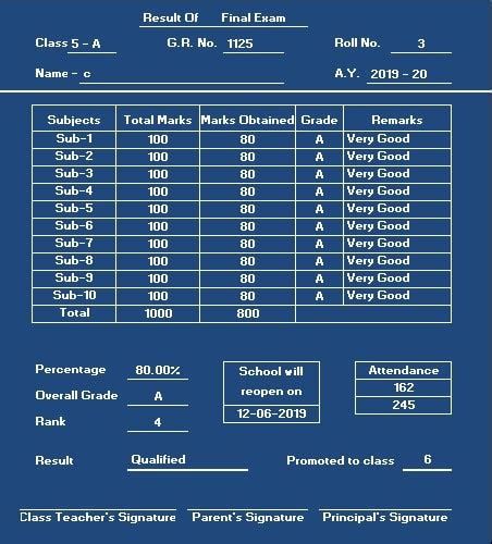 marksheet format in excel free download|Report Card .